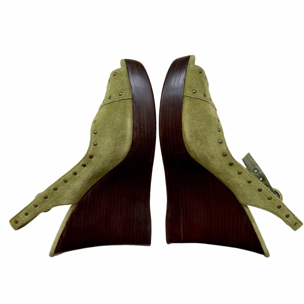 Vintage Anne Klein NY Suede Size 10 Olive Green Studded Wedge High Heel Sandals - Picture 9 of 15